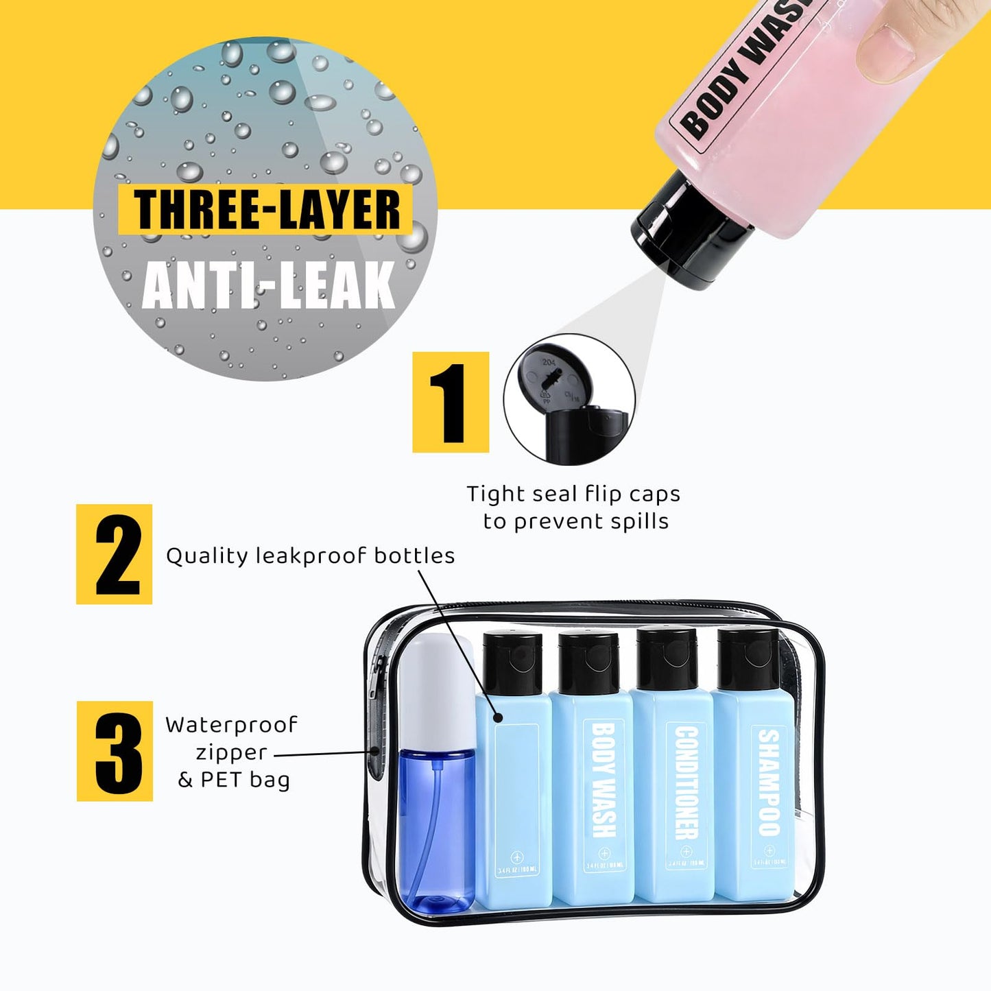 GearTrust Labeled Travel Bottles for Toiletries, 3.4oz TSA Approved Travel Shampoo and Conditioner Bottles with Spray, Leak Proof Clear Plastic Containers with Flip Cap-5 PCS