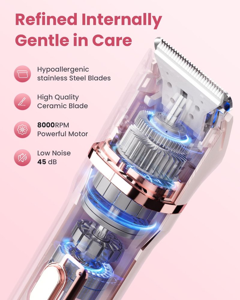 Bikini Trimmer for Women - 5 in 1 Electric Razors for Ladys Pubic Facial Nose Body Leg Hair Removal, Waterproof Electric Shaver for Women Private Area Sensitive Skin, Personal Hair Trimmer-Pink