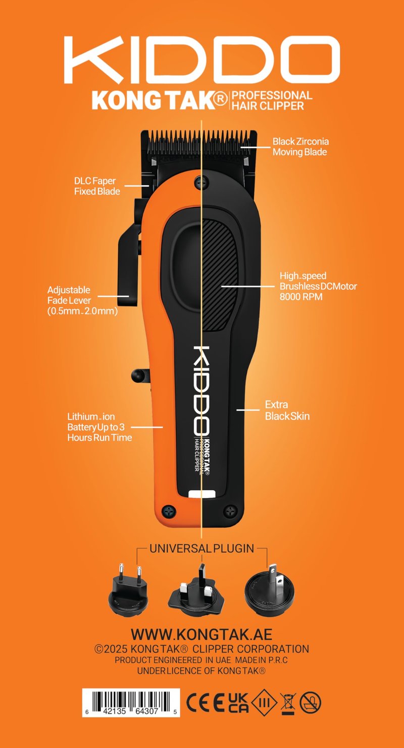 KONG TAK Kiddo Professional Cordless Hair Clipper for Men, Brushless Motor, Adjustable Zero Gap, 180-Min Run Time, USB-C, Ergonomic, Low Noise