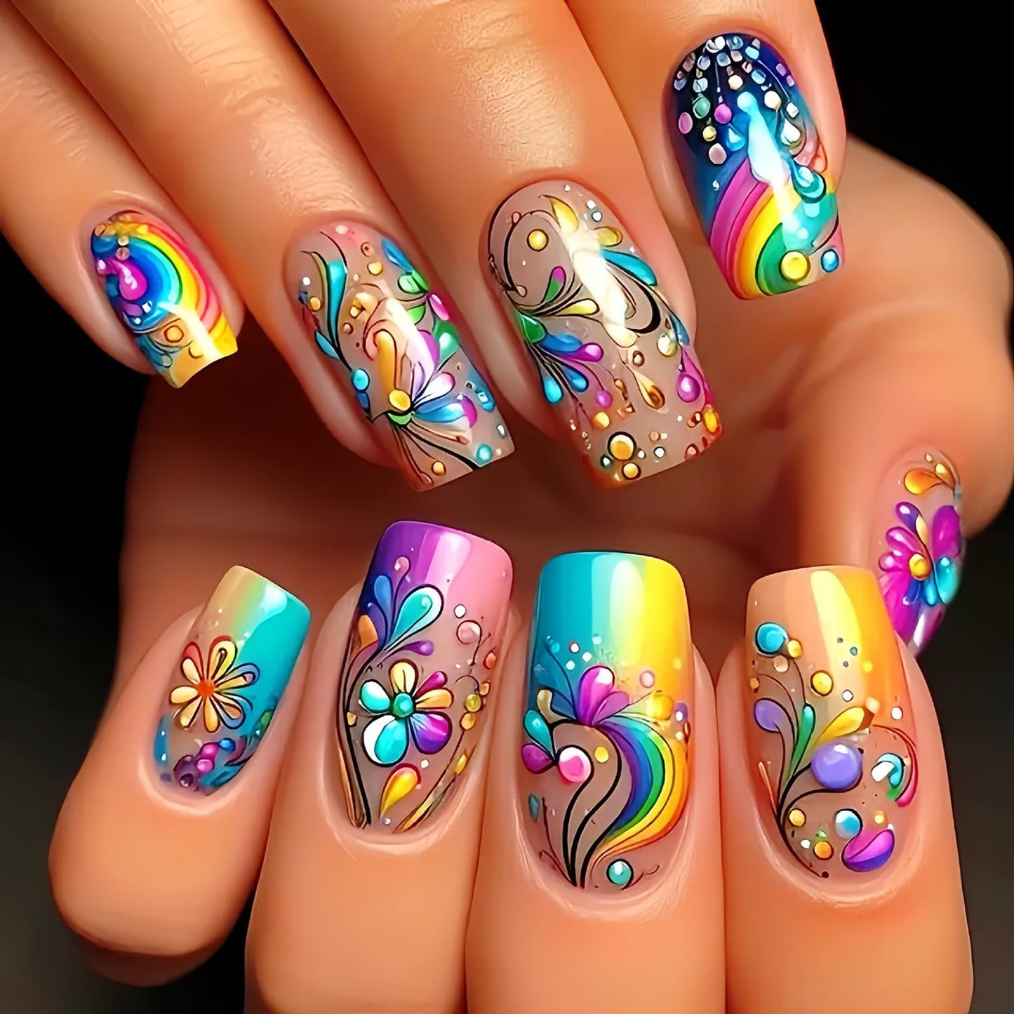 Butterfly Press-On Nails - Medium Length Rainbow Stripe Design | Colorful Square Acrylic Coffin Nails, 24 Pcs
