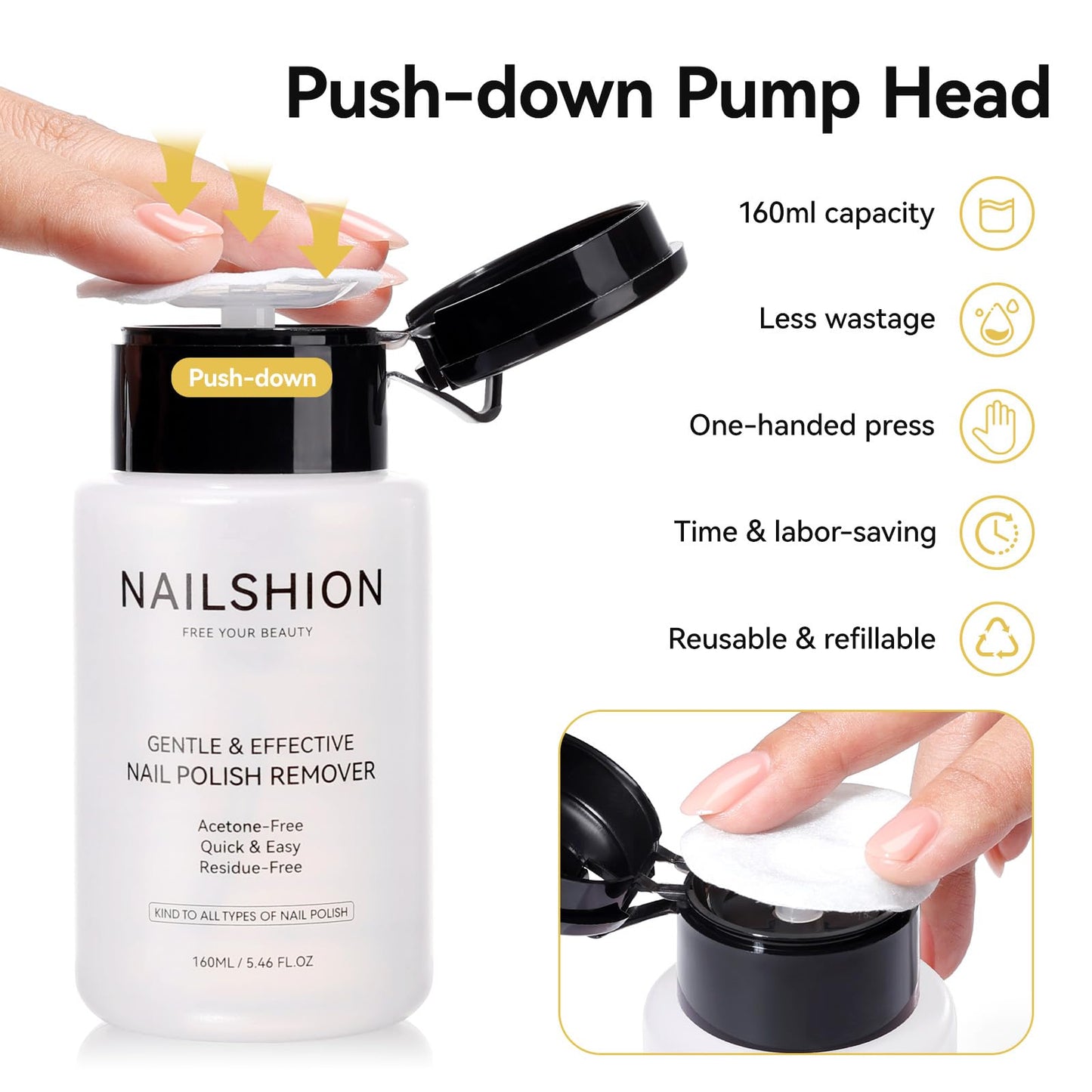 Nailshion Nail Polish Remover Non-acetone for All Air Dry Nail Polishes, 3-6s Quick Removal, One-hand Push-Down, No Toxic, Rich in VE Non-Drying, Salon DIY Nail Art Supplies 5.46 fl. oz