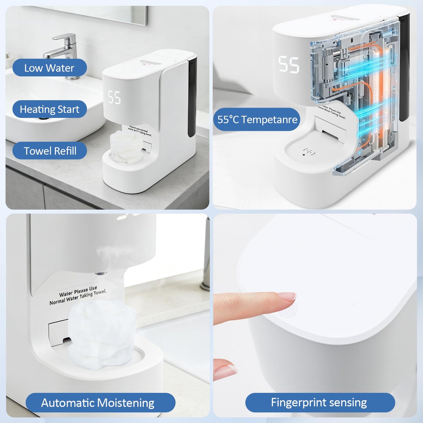 Hot Face Towel Warmer with Voice Alert - 5-Second Fast Heating & Automatic Dispenser, Constant 55°C (131°F) Temperature Control, Includes 20 Compressed Towels (Towel Machine)