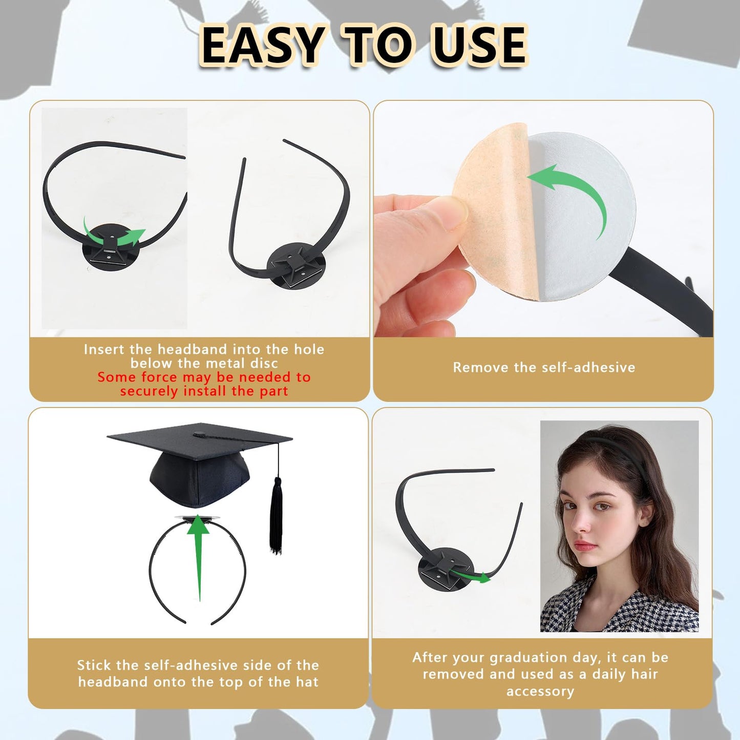 Tryly 2 Pack Graduation Cap Headband Insert, Anti-Slip Stabilizer, Eyeglasses Compatible, Graduation Gift for Graduates (Black 2pcs)