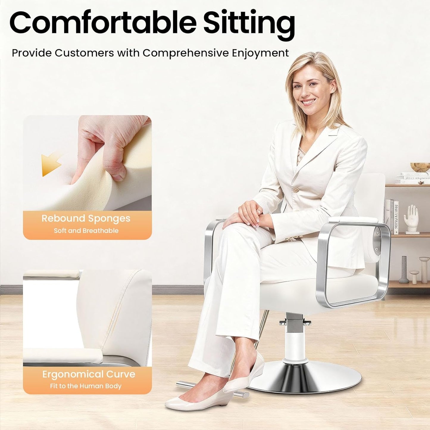 Salon Barber Chair - Hydraulic Pump & 360° Swivel | Adjustable Height Off-White & Silver Styling Chair for Barbershop & Home