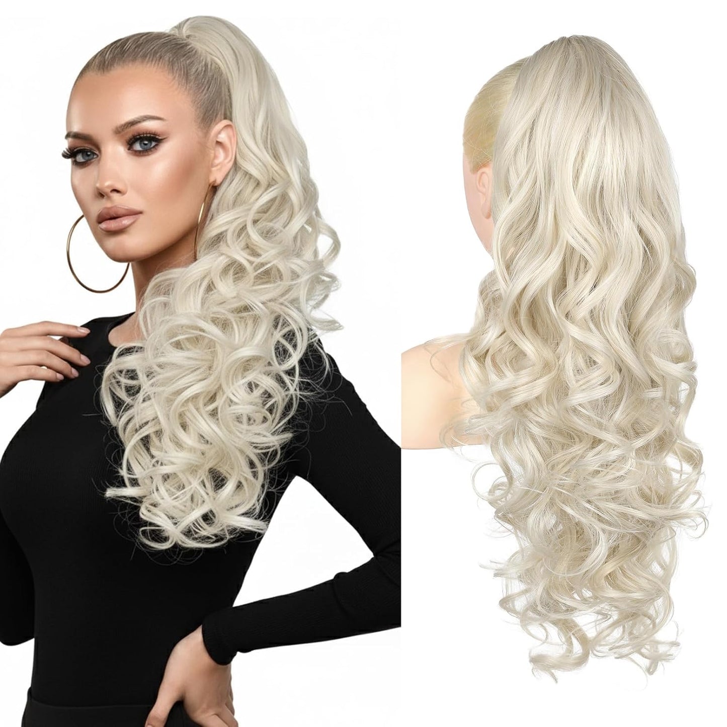 Ponytail Extension - 24" Claw Clip In Long Curly Wavy Hairpiece | Medium Blonde with Highlights