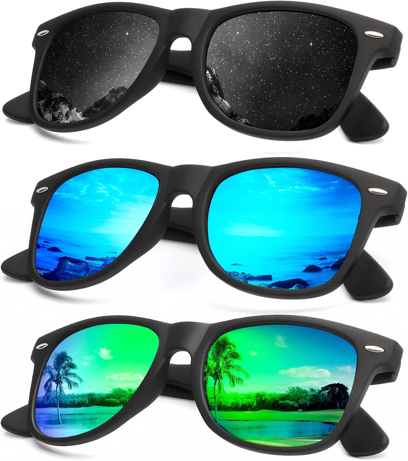 KALIYADI Polarized Sunglasses - Matte Finish, UV Blocking, Color Mirror Lenses | 3-Pack for Men & Women
