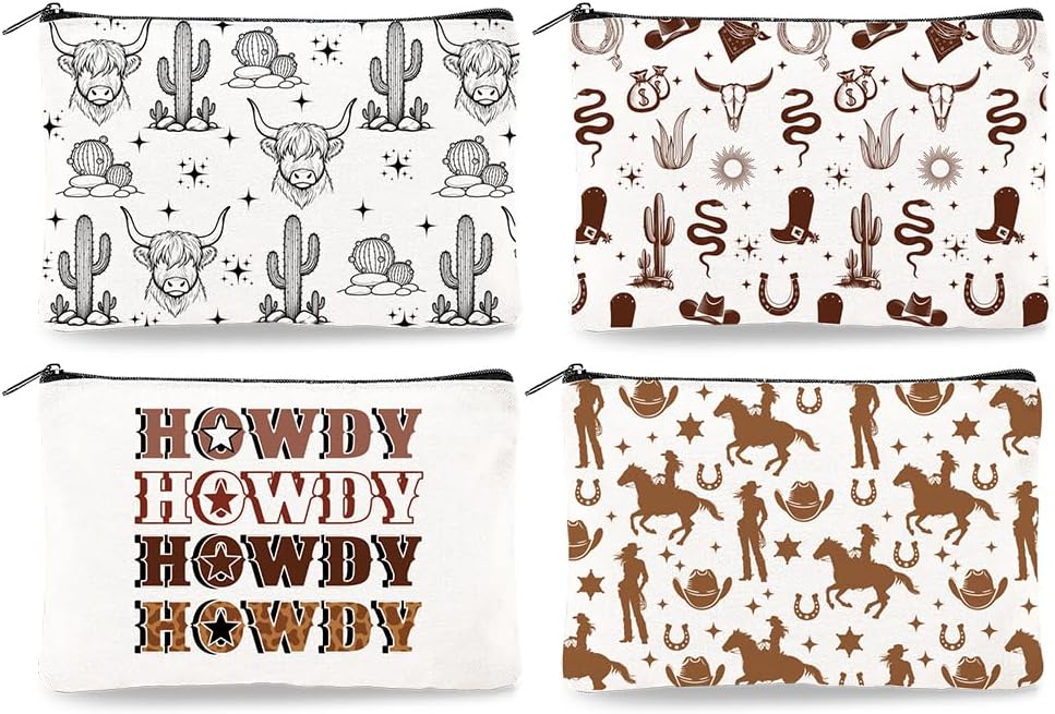 Canvas Western Cowboy Makeup Bag Set - 4Pcs Cactus Cow Design | Portable Travel Organizer, Large Capacity Toiletry Pouches 9.06” x 5.9”