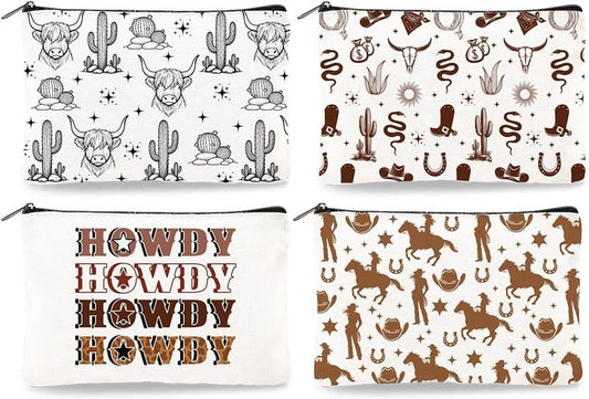 Canvas Western Cowboy Makeup Bag Set - 4Pcs Cactus Cow Design | Portable Travel Organizer, Large Capacity Toiletry Pouches 9.06” x 5.9”