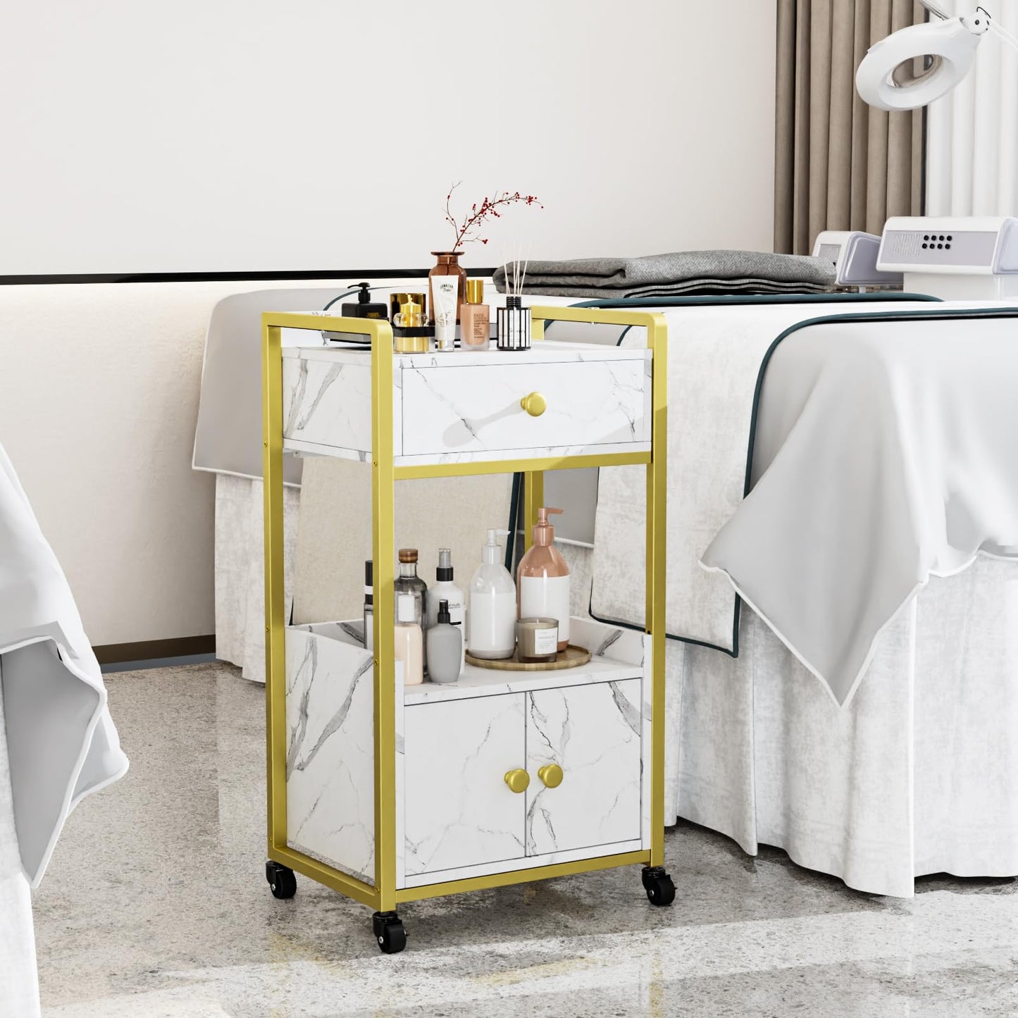 OmySalon Salon Trolley Cart, Esthetician Cart with Wheels & 1 Drawer Cabinet, Hair Stylist Cart for Beauty Spa Massage Tattoo Esthetic Facial Tool Holder Station, White Marble