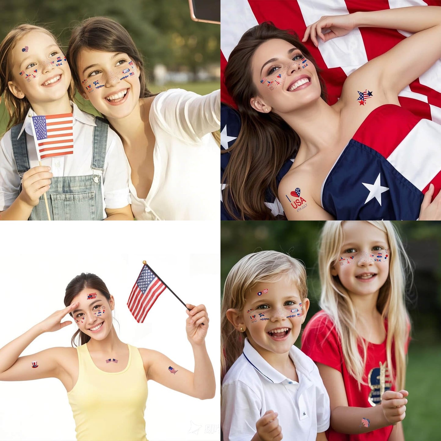 Paminify 4th of July Freckles Tattoos,Fourth of July Glitter Freckle Face Accessories, Patriotic USA Red White Blue Temporary Star Stickers,Independence Flag Makeup,8 PCS+13 PCS