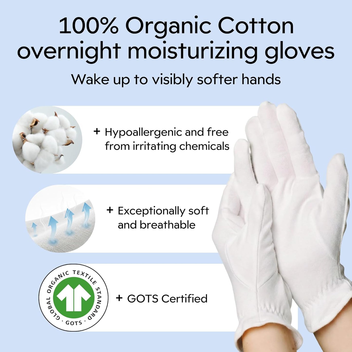 Clearbody Organics 100% Organic Cotton Gloves for Dry Hands - Breathable Eczema Moisturizing Gloves | 5 Pairs, Size M