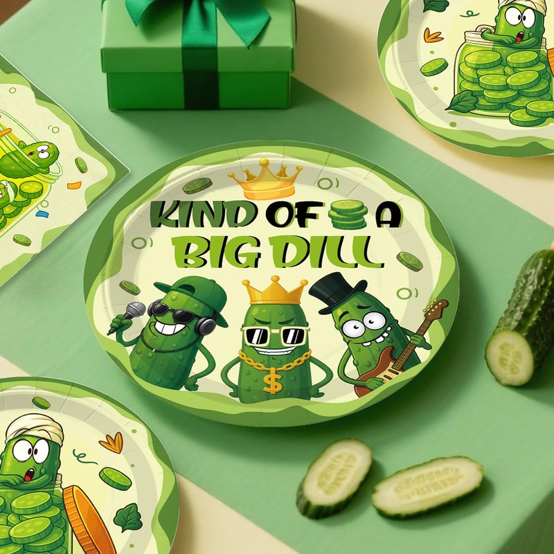 Pickle Party Decorations Funny Pickle Cucumber Happy Birthday Banner Cake Topper Balloons Cartoon Pickle Plates and Napkins with 2 Pcs Pickle Birthday Tablecloth Decorations
