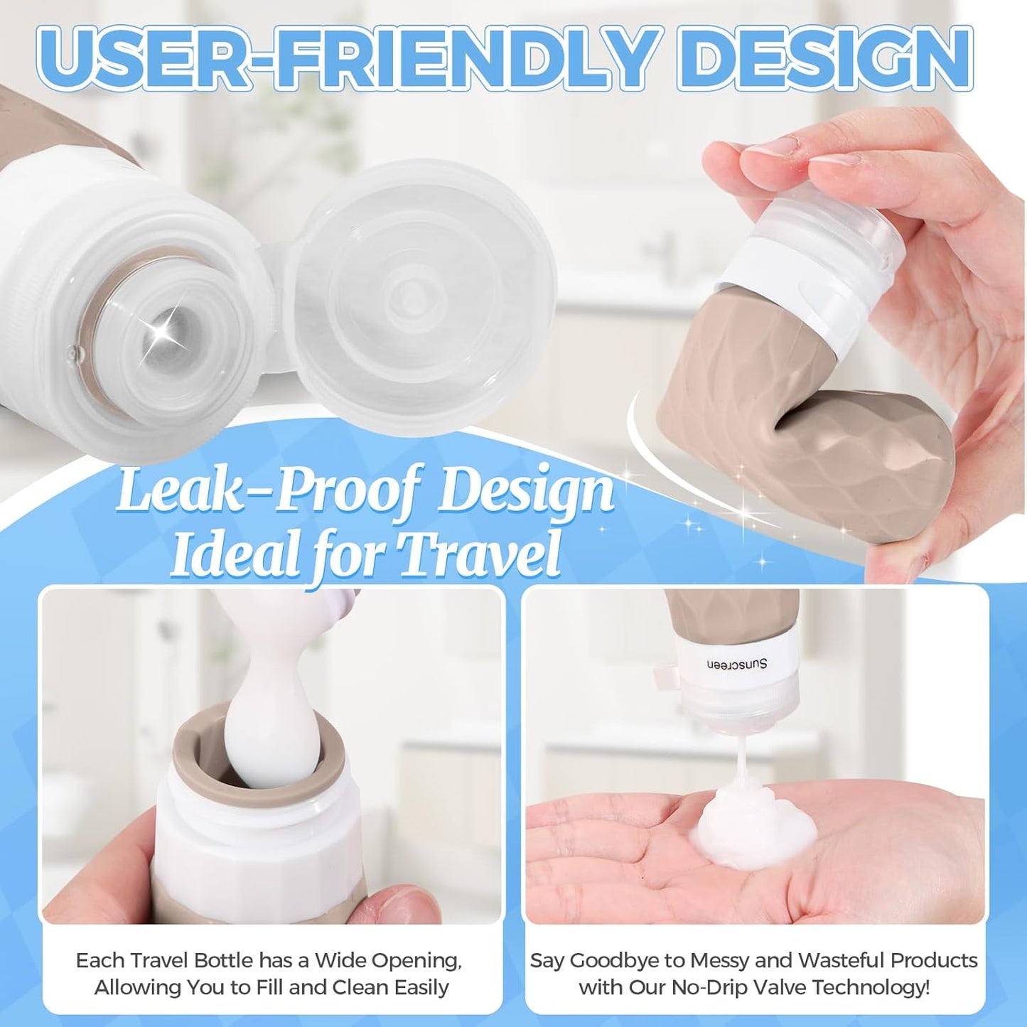 Travel Bottles Set - 16-Pack TSA Approved Silicone Toiletry Containers | Leak-Proof Refillable Bottles with Clear Bag (Cream)
