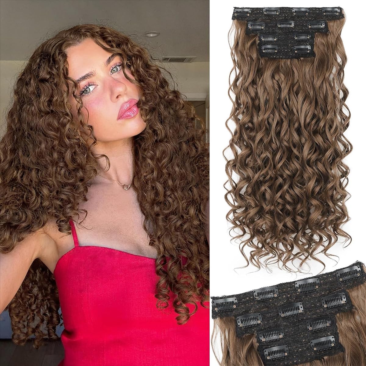 Curly Clip-In Hair Extensions - 20 Inch Thick Natural Synthetic Hairpieces | 4PCS Black