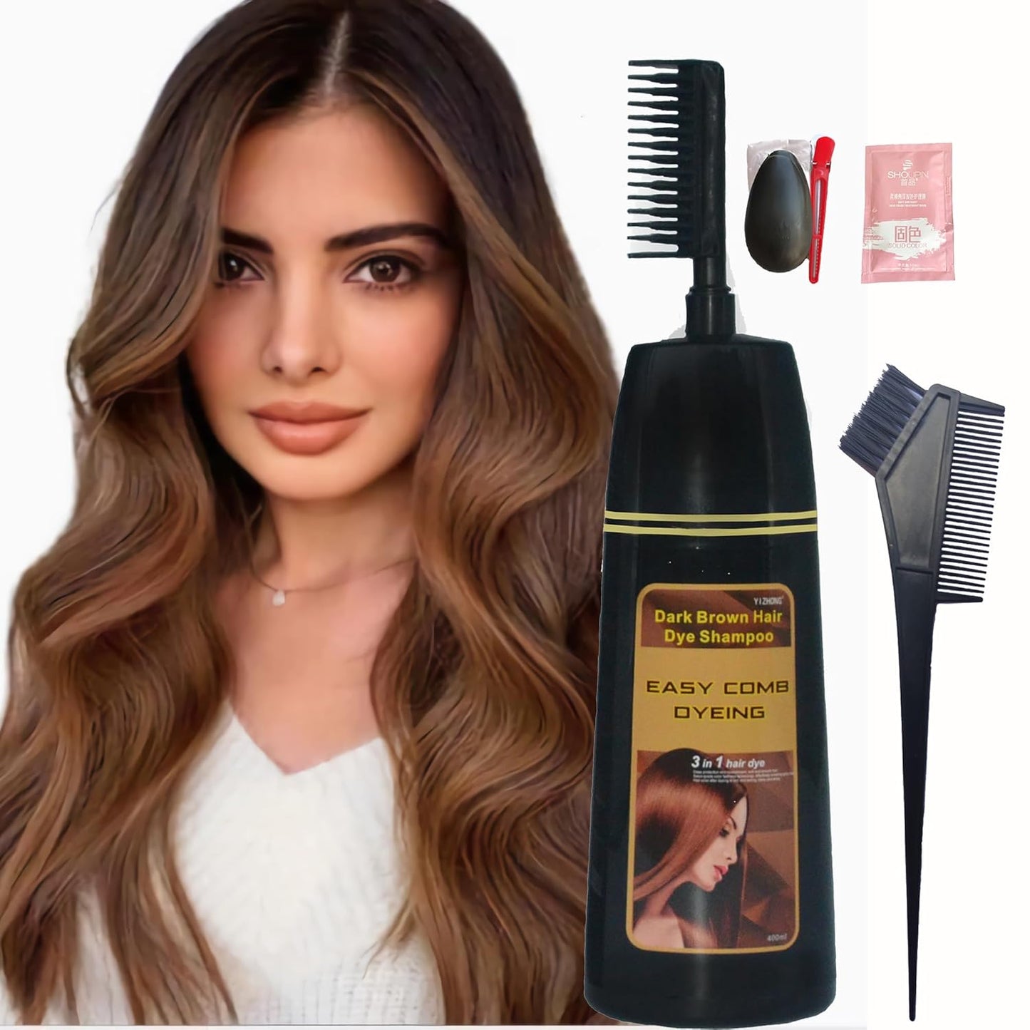 Dark Brown Hair Dye Shampoo - Permanent Color for 100% Gray Coverage | Easy Comb Application