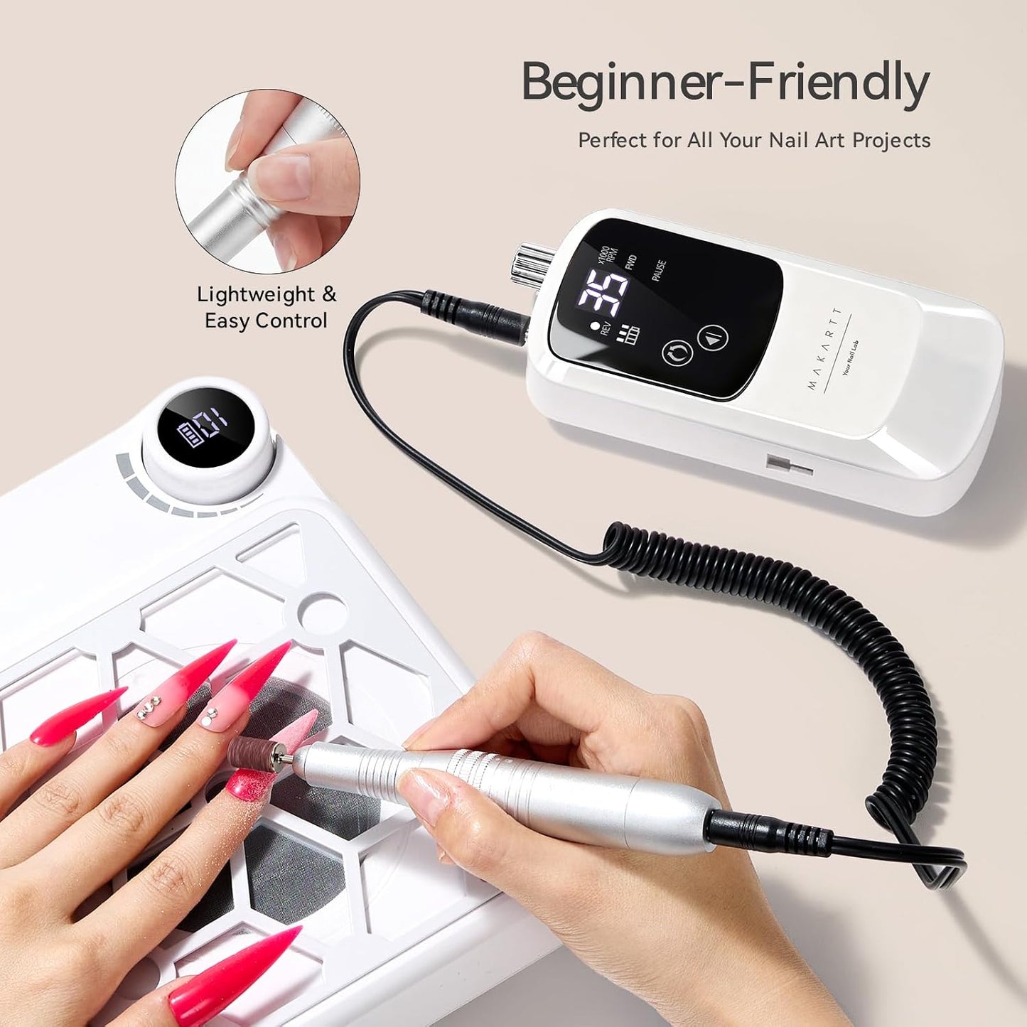 Nail Dust Collector - Professional Electric Suction for Nail Art | Rechargeable 35000 RPM Design