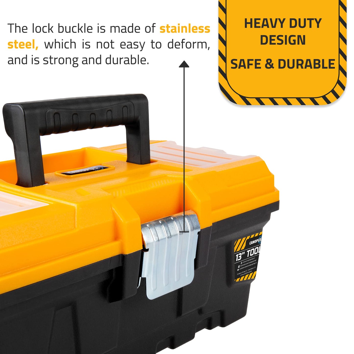 CANOPUS Plastic Toolbox, 13-inch Portable Plastic Tool Box with Metallic Clutch, Small Tool Box Tool Organizer with Extra Storage Tray for Home Tools, Nails and Pins, Black-Yellow