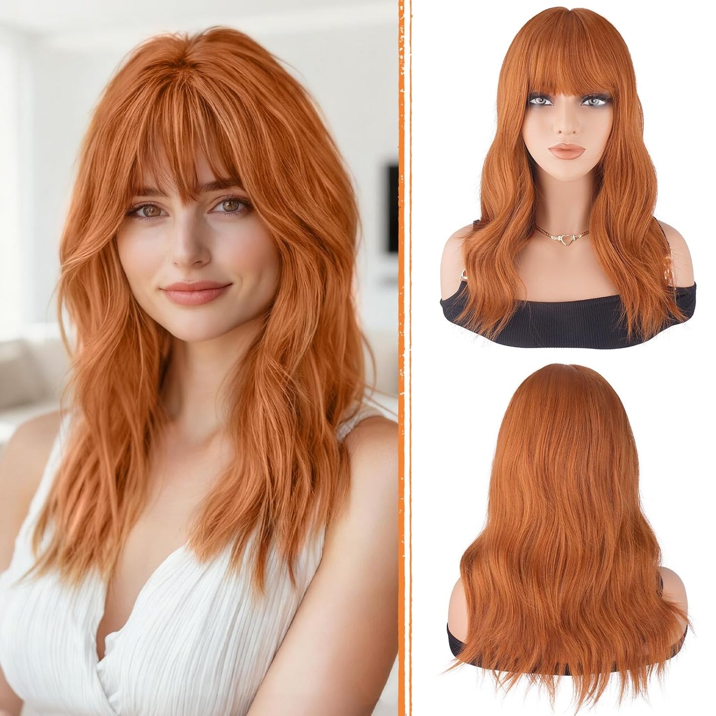 Brown Wigs with Bangs - 19 Inch Natural Wavy Synthetic Heat Resistant Hair for Women | Blonde Mixed Brown