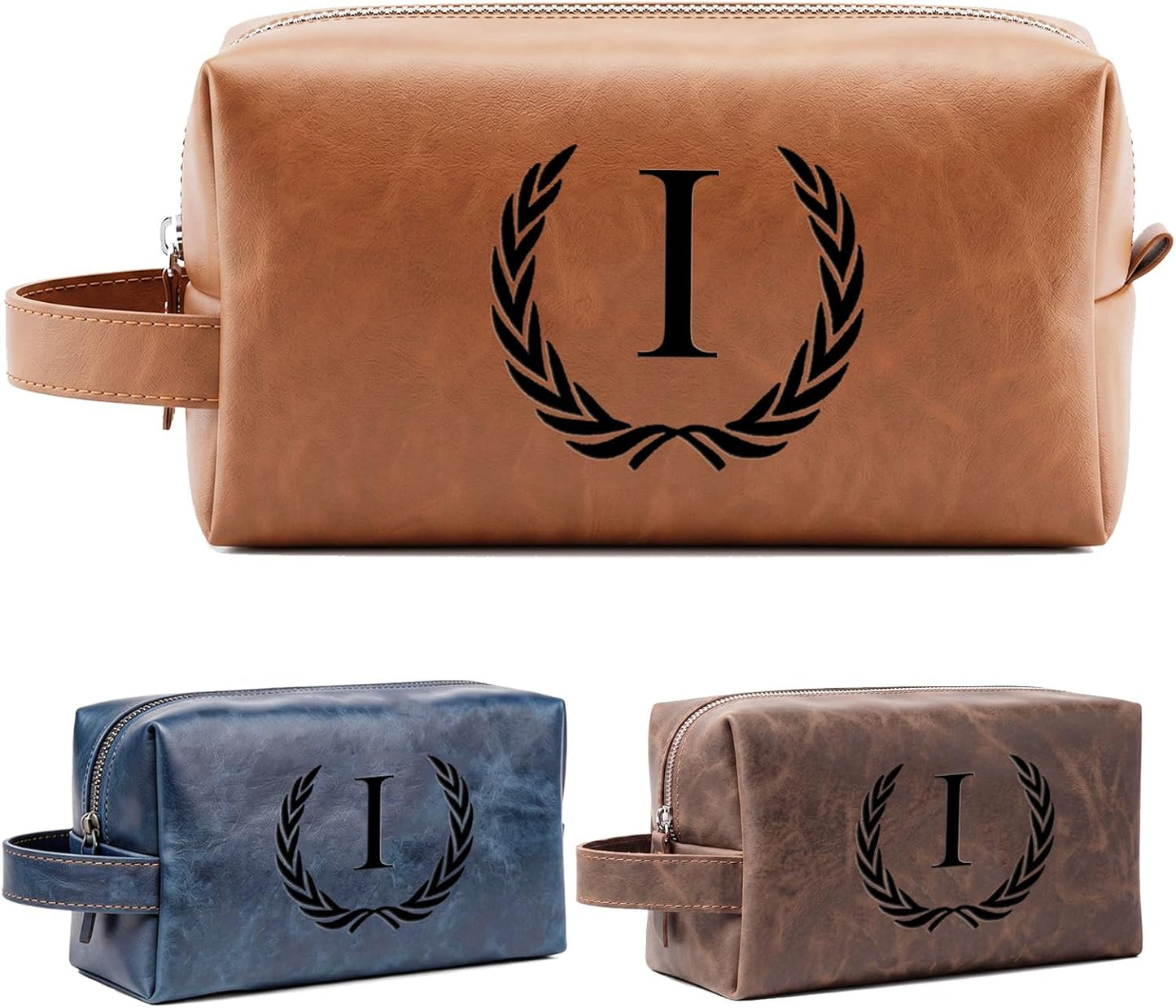 Personalized Leather Toiletry Bag for Men | Engraved Initial Waterproof Travel Bag - Dark Brown