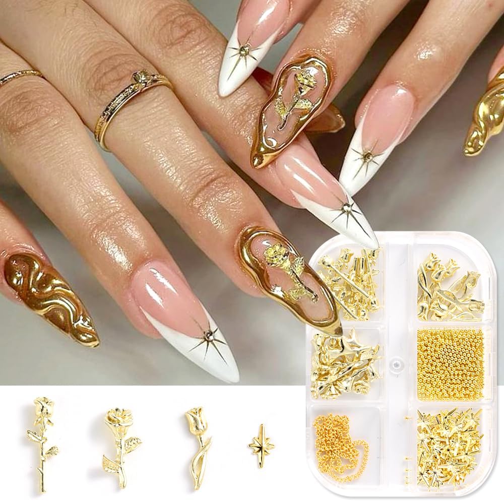3D Star Nail Art Charms - Gold Metallic Studs & Rhinestones | Mixed Styles for DIY Manicure Supplies
