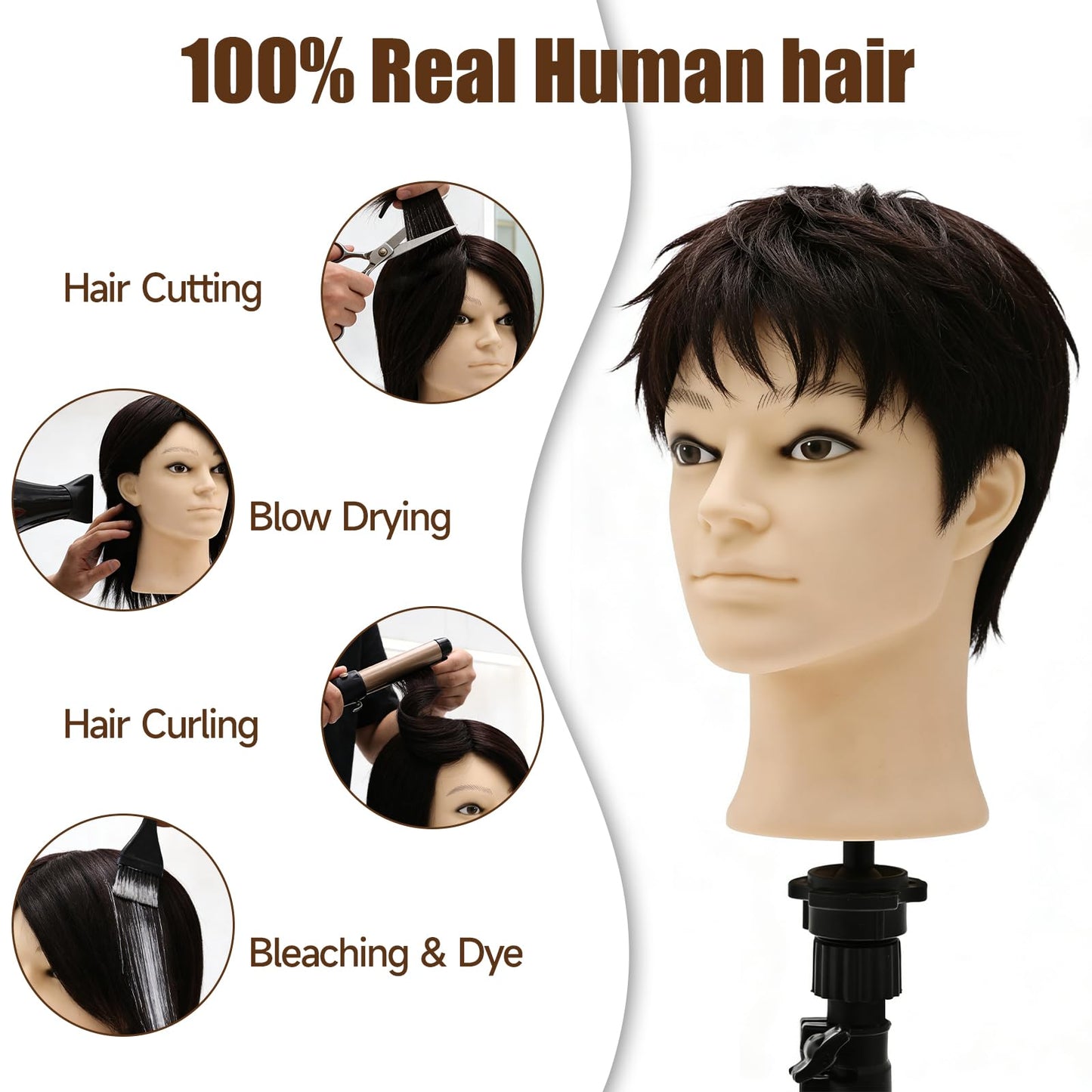 Male Mannequin Head, 8" Barber Mannequin Head, 100% Real Black Hair Head with Table Clamp, Professional Cosmetology Hairdresser Training Doll Manikin Head for Practicing Hair Cutting and Styling