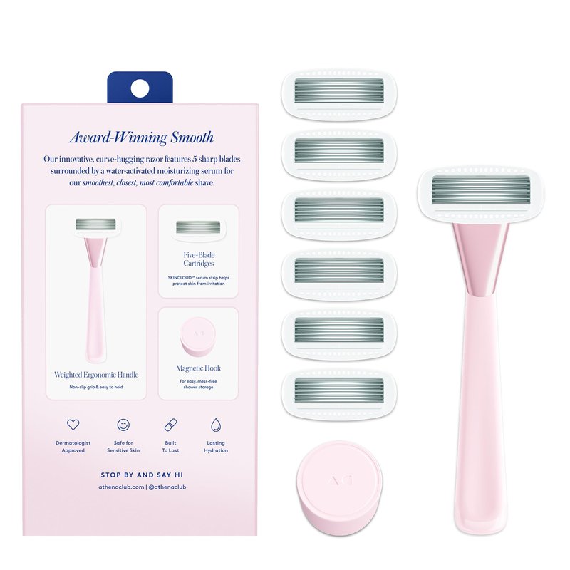 Athena Club Women’s Razor Kit, 5-Blade Cartridge Razor for Sensitive Skin, Serum-Infused Blades with Shea Butter and Hyaluronic Acid, Includes Handle, 6 Refills and Magnetic Shower Hook - Rose