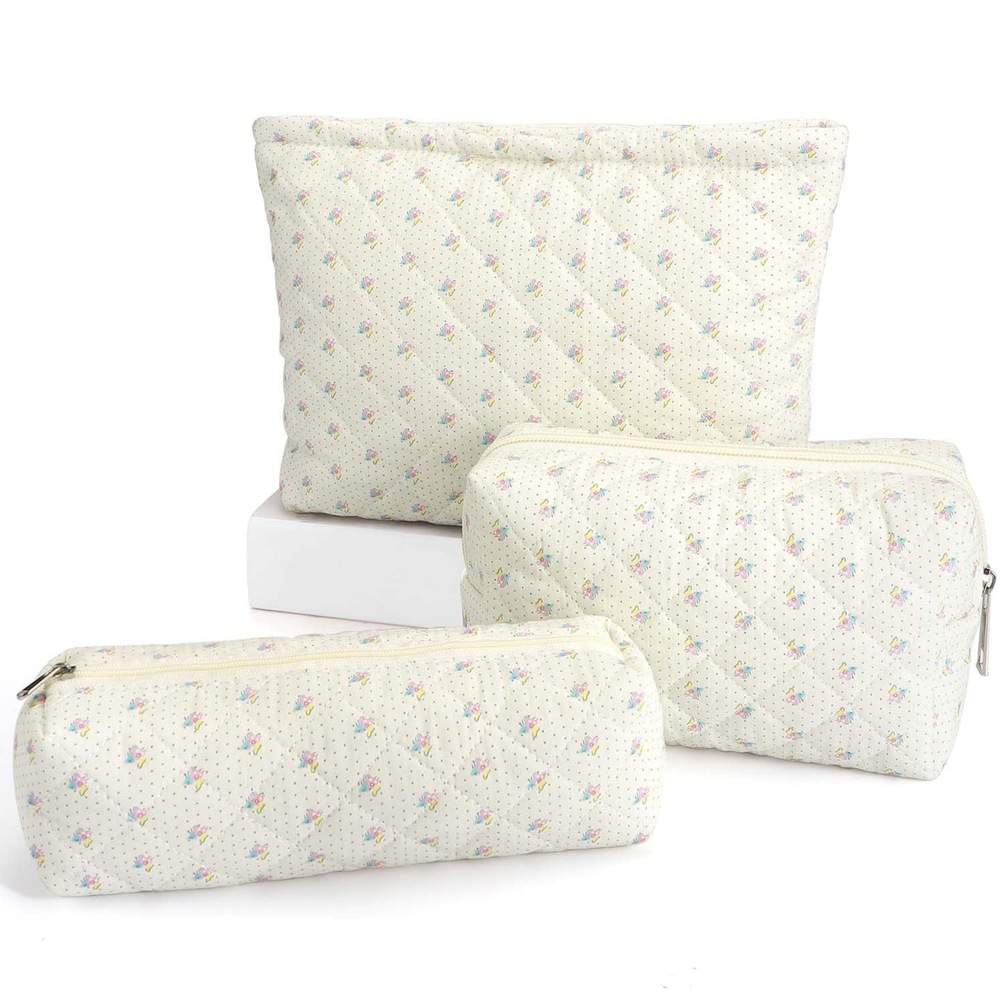 EIMMBD Makeup Bag 3 Pieces Large Capacity Checkered Cosmetic Bag Travel Toiletry Bag Organizer Cute Makeup Bag Pouch Storage Bag for Women(Beige Floral)