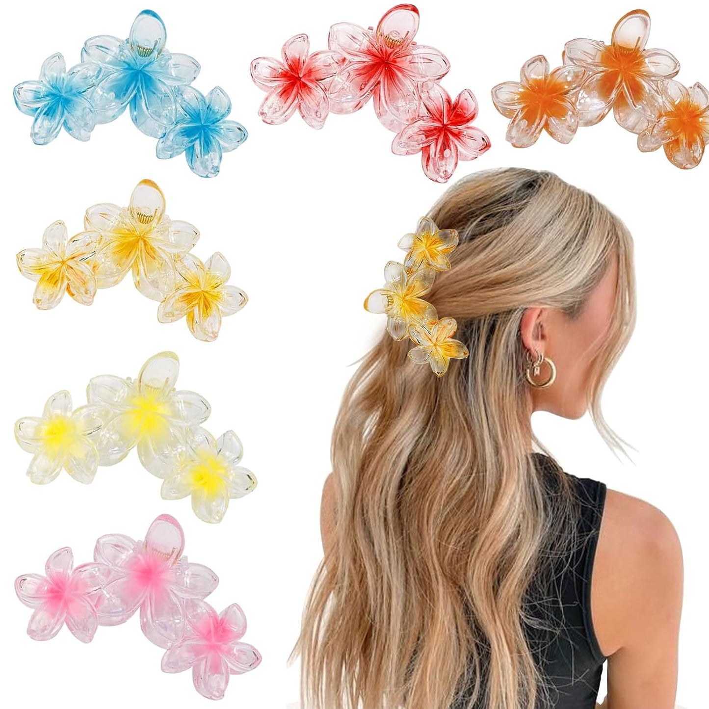 Flower Hair Clips for Women - 6PCS Hawaiian Plumeria Strong Hold Hair Claws | Cute Beach Accessories
