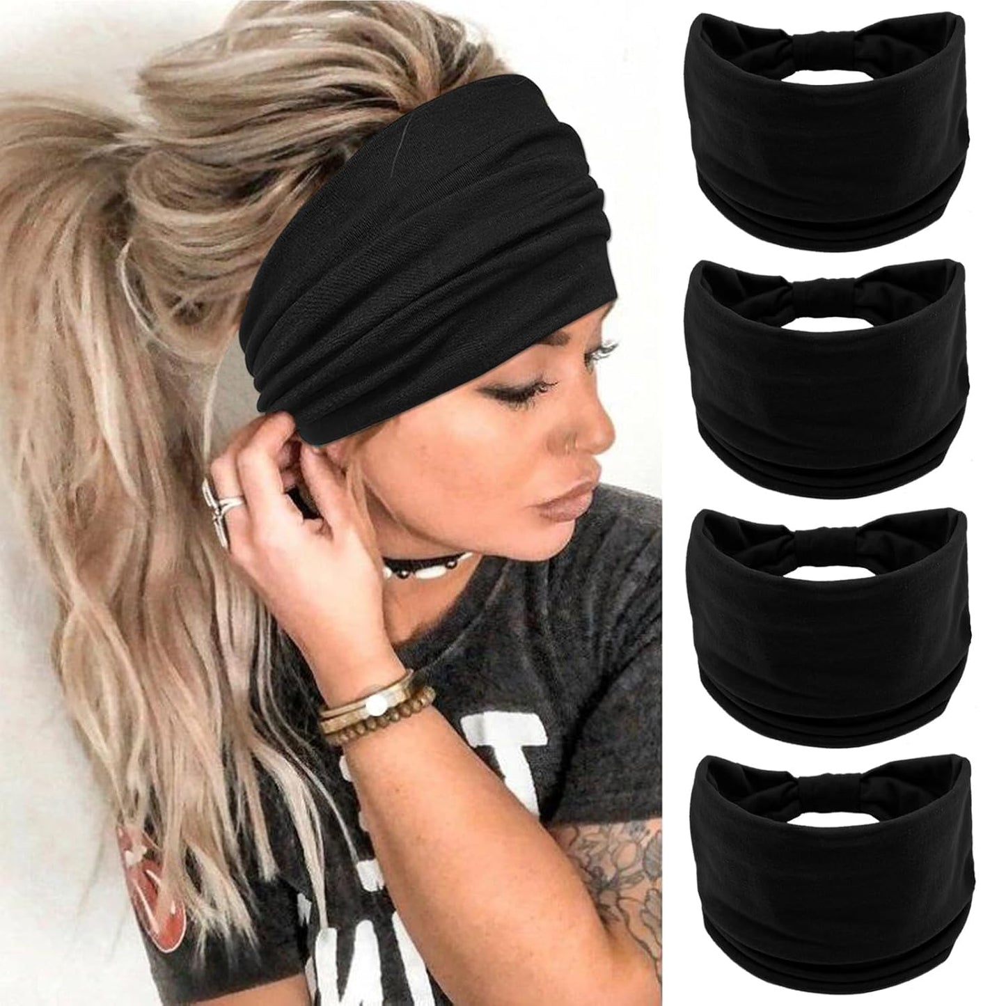 Wide Boho Headbands for Women - Fashion Knotted Hair Accessories | Black 4-Pack for Yoga & Workouts