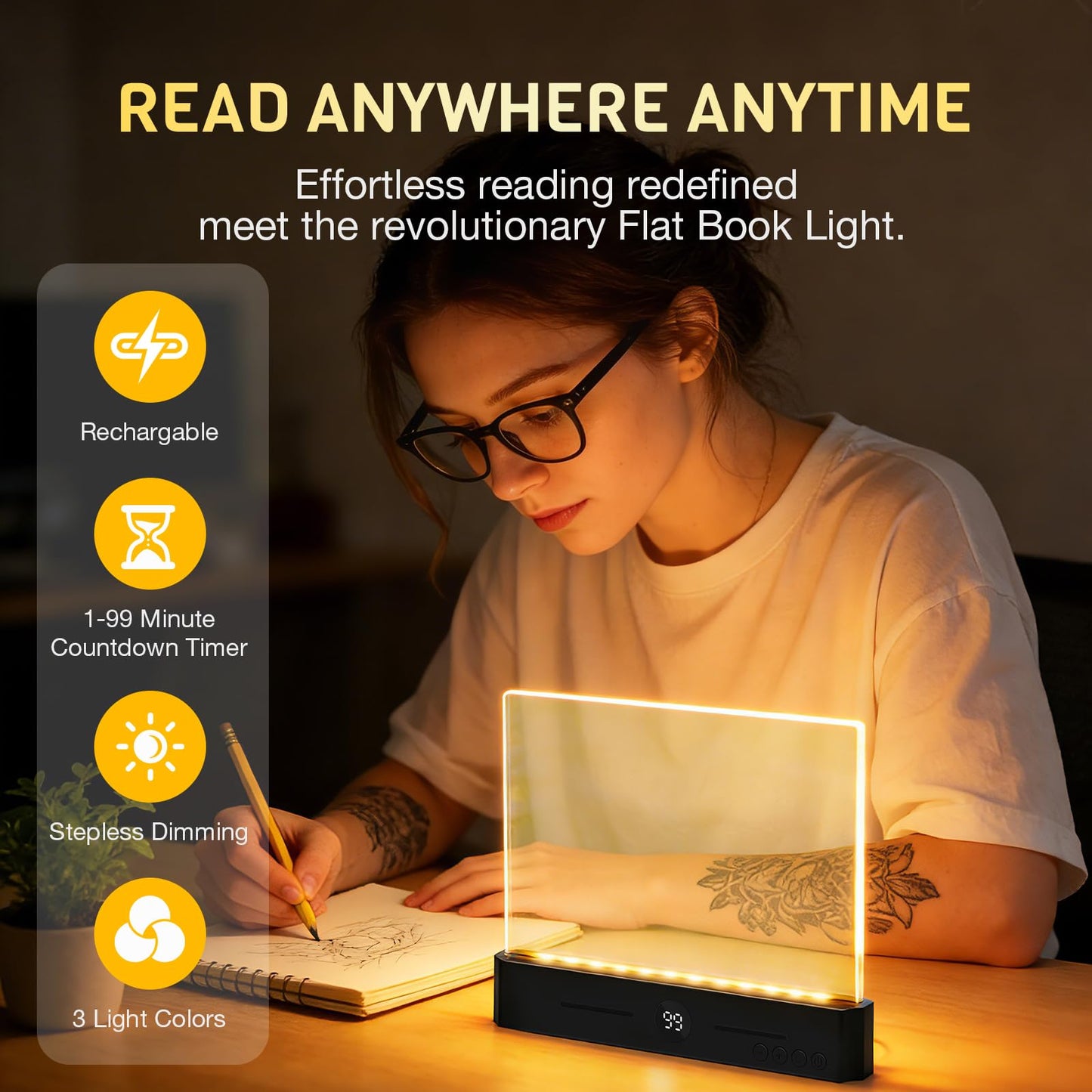 Book Light, Rechargeable Led Reading Light for Book, Clear LED Flat Book Lights for Reading in Bed at Night with 3 Colors & Timer, Dimmable Panel Plate Book Lamp, Bookish Gifts for Readers Kids