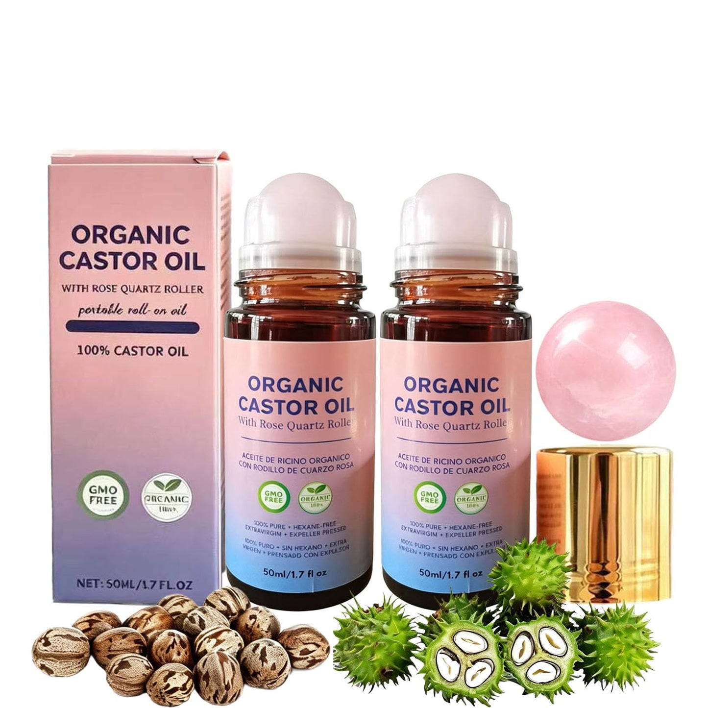 2 Pcs Organic Castor Oil with Rose Quartz Roller, 100% Castor Oil Organic Cold Pressed for Hair, Face & Body Skin Moisturizing Care, Hexane-Free.