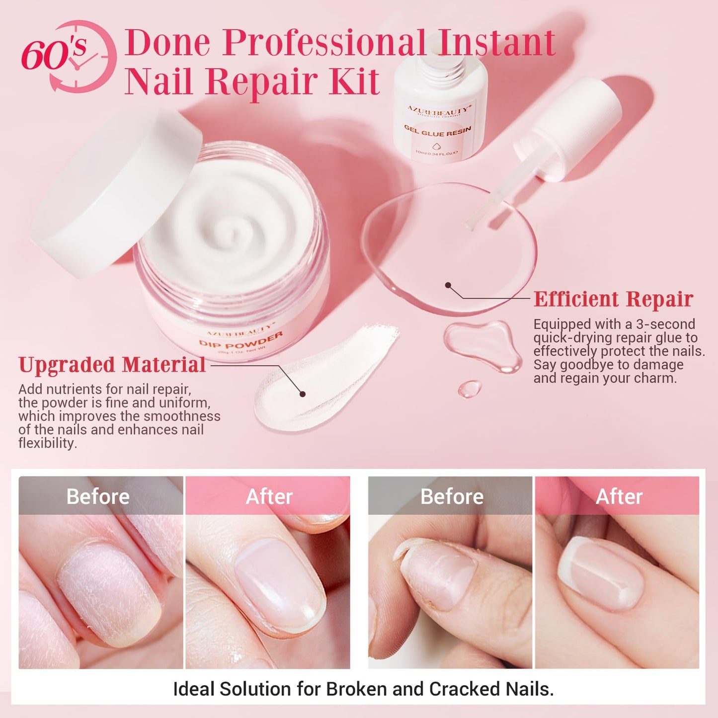 AzureBeauty Nail Repair Kit Transparent Crystal for Broken Cracked Split Weak Nails, Ideal Solution Emergency Easy Quick Fix Dip Powder 28 g 1 Oz Quick-Drying Repair Glue 10 ml Nail File Nail Buffer