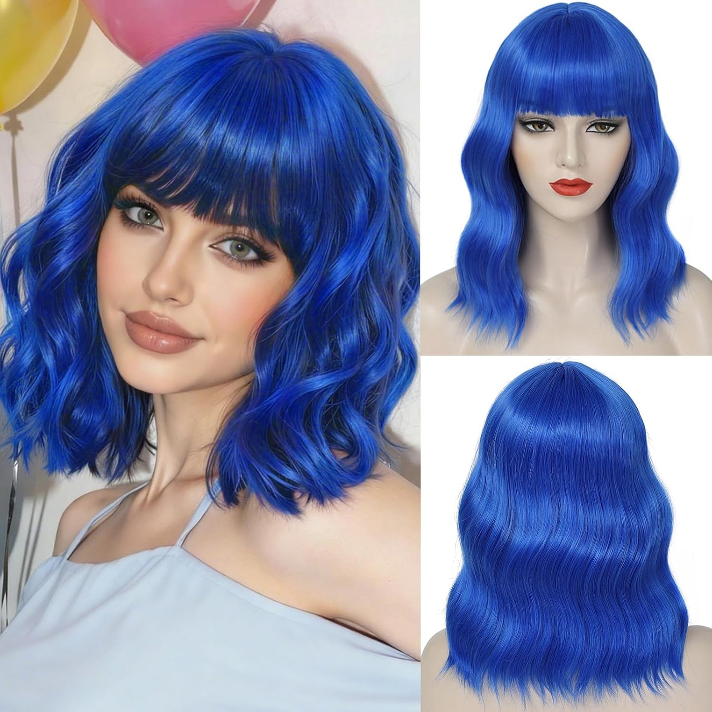 Emerald Green Wavy Bob Wig with Bangs - Shoulder Length Synthetic Cosplay Hair