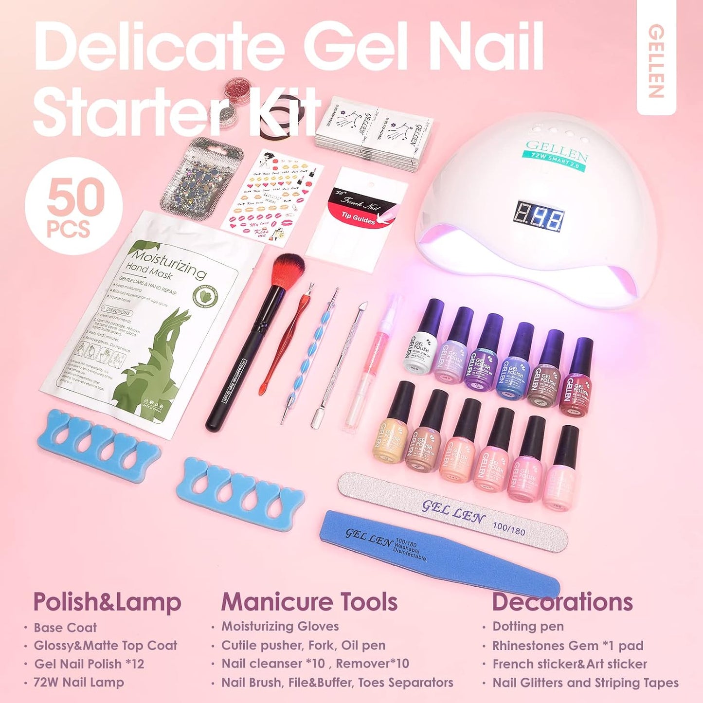 Gellen Gel Nail Polish Starter Kit - 12 Colors with UV Light & 72W Nail Lamp | Complete Manicure Set