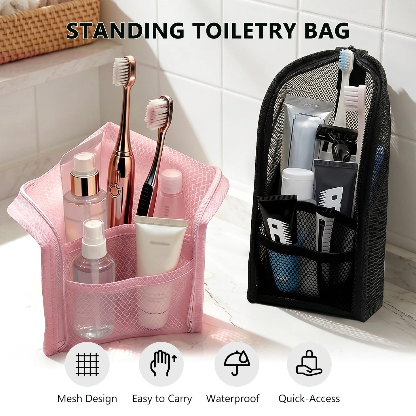 PZAHYAW Standing Toiletry Bag, Portable Lightweight Travel Toiletry Bag, Waterproof EVA Mesh Travel Makeup Bag, Hanging Cosmetic Organizer for Bathroom, Travel (Pink+White)
