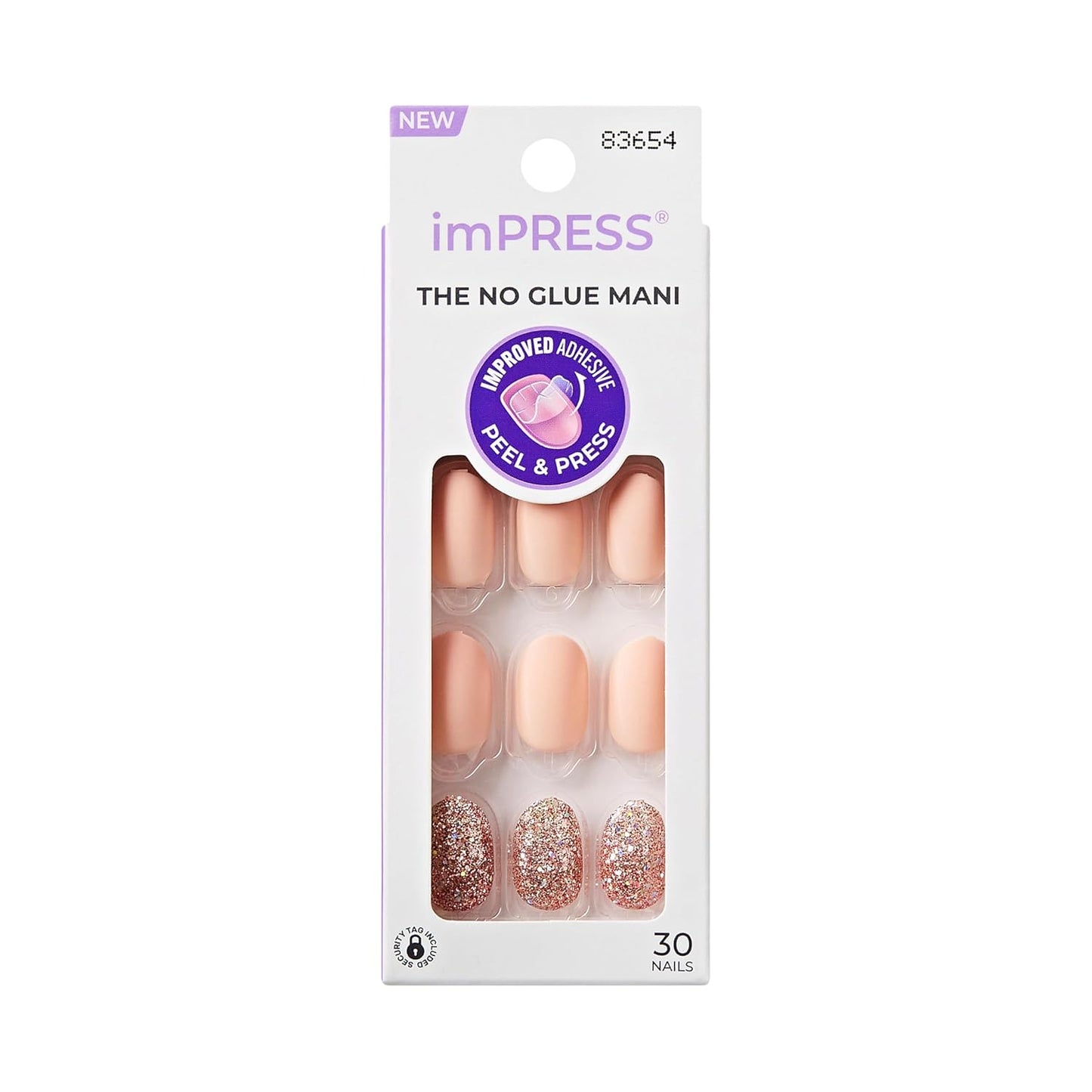 Kiss Impress No Glue Mani Press-On Nails - Evanesce Design, Beige, Short Oval Shape | 30 Nails, Prep Pad & Accessories