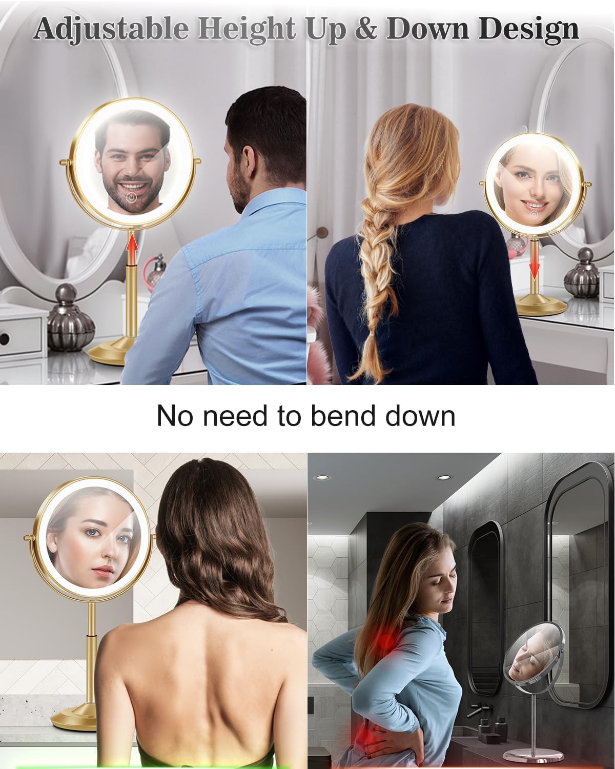 Lighted Makeup Mirror with Adjustable Height - 1X/30X Magnifying Double-Sided Vanity Mirror | 3000mAh Rechargeable, 3 LED Lighting Options for Women