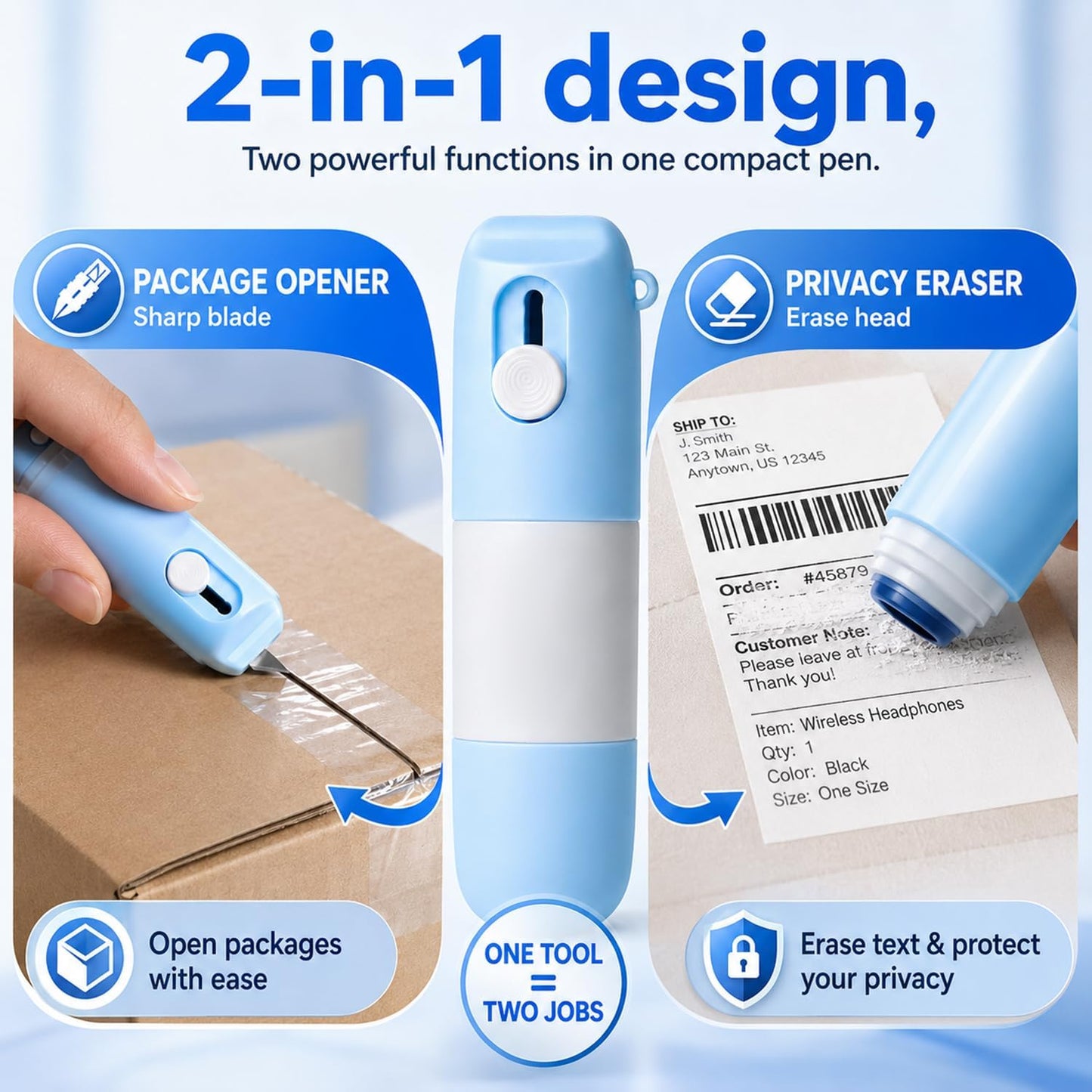 Thermal Paper Eraser Pen Set - 2-in-1 Privacy Label & Unboxing Knife | Liquid Redacting Marker (Blue)