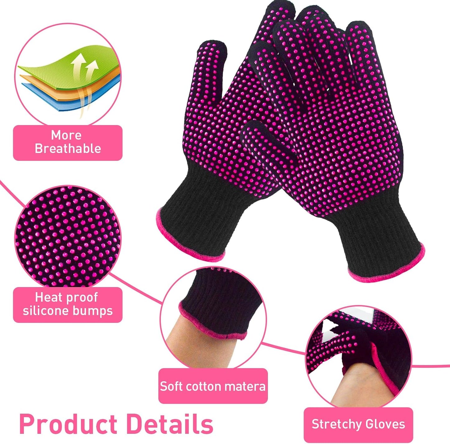 Heat Resistant Gloves - Silicone Bumps for Hair Styling | 4-Piece Set for Curling & Flat Iron Use