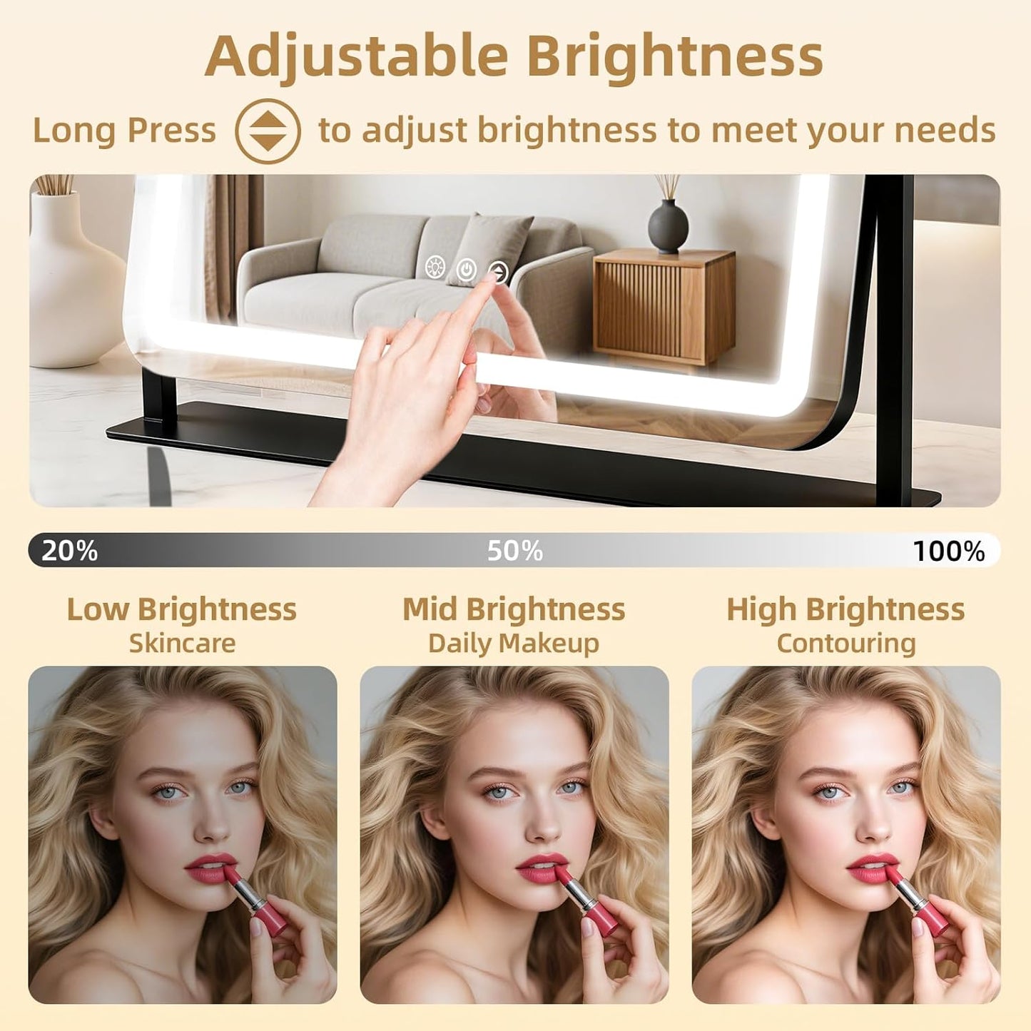 Lighted Makeup Mirror with 10X Magnification - 3 Color Dimmable Lights, 360° Rotation | 22"x17", Black