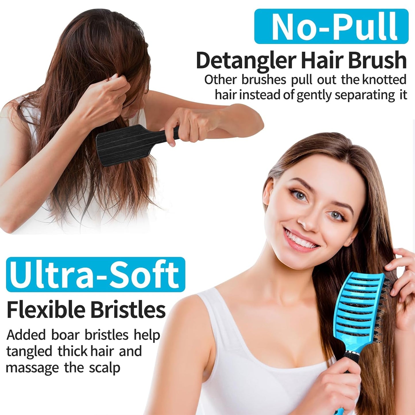 Boar Bristle Hair Brush Set - Curved Vented Detangler for Kids & Men | Adds Shine to Thick Curly Hair