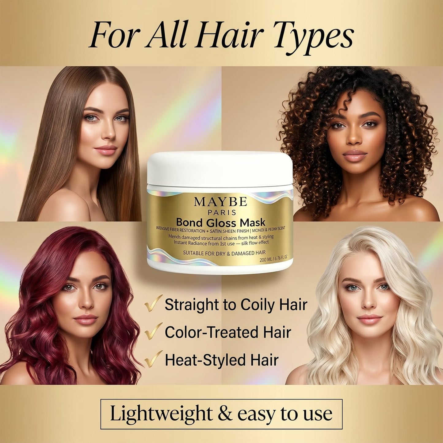 Maybe Paris Bond Gloss Mask - Amino Acid & Botanical Hair Care Formula – Nourishing & Repairing, Smooth, Soft & Shiny Hair for Dry, Damaged & Split Ends (1Pcs)