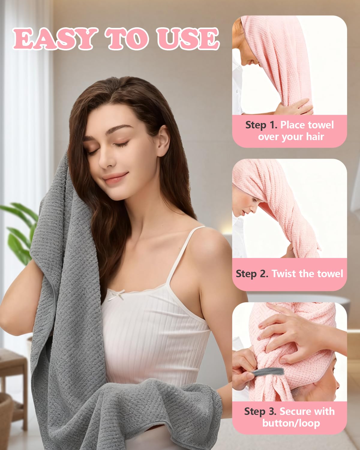 FUFUSING 2-Pack Microfiber Hair Towel - 39" x 24" Super Absorbent, Fast Drying Hair Towel Wrap for Women Long, Curly Hair - Turbans with Elastic Strap for Morning Routine & Makeup