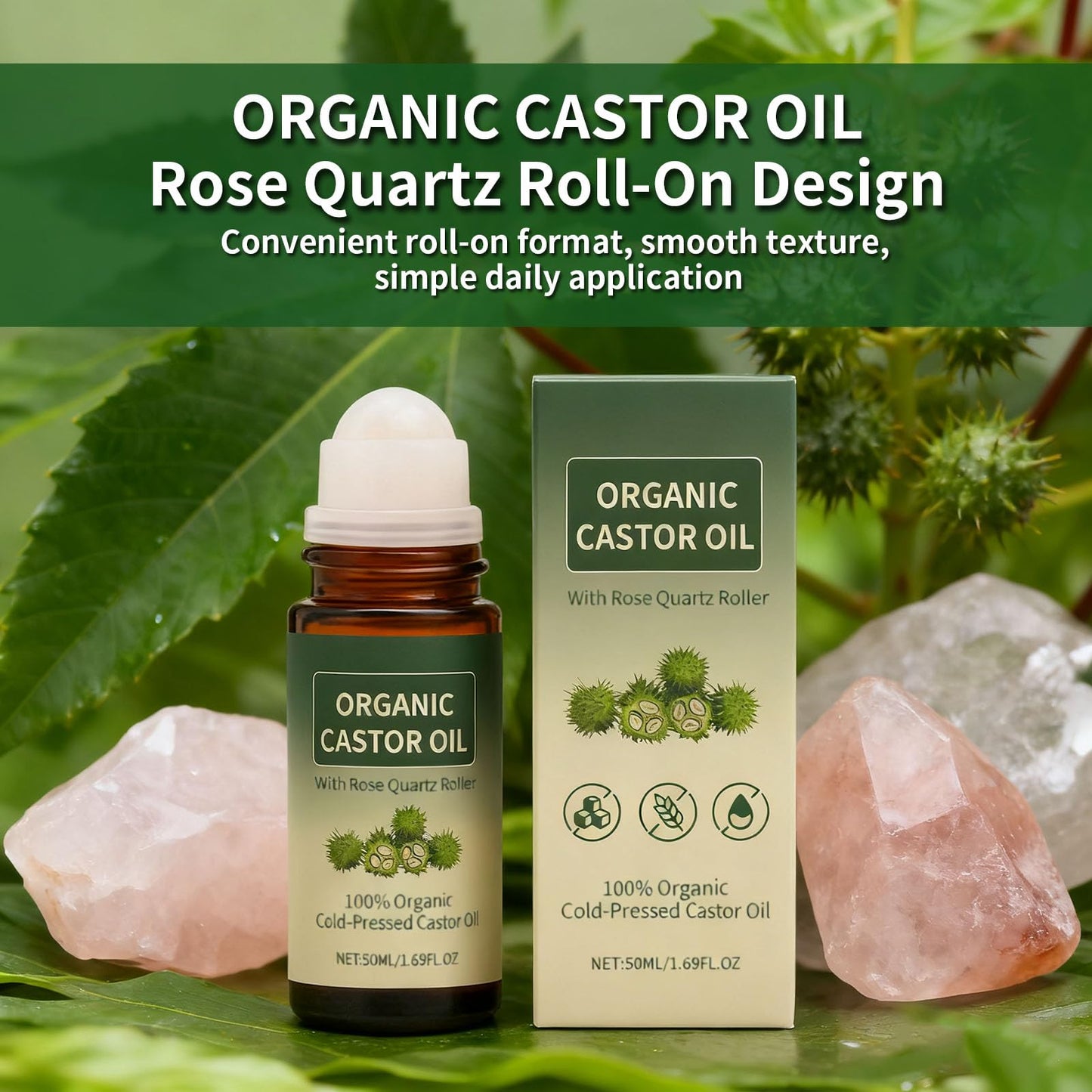 Maidlure Organic Castor Oil Roll-on with Rose Quartz, 100% Cold-Pressed Organic Castor Oil Glass Bottles Roller for Skin, Brows & Lashes 1.7oz