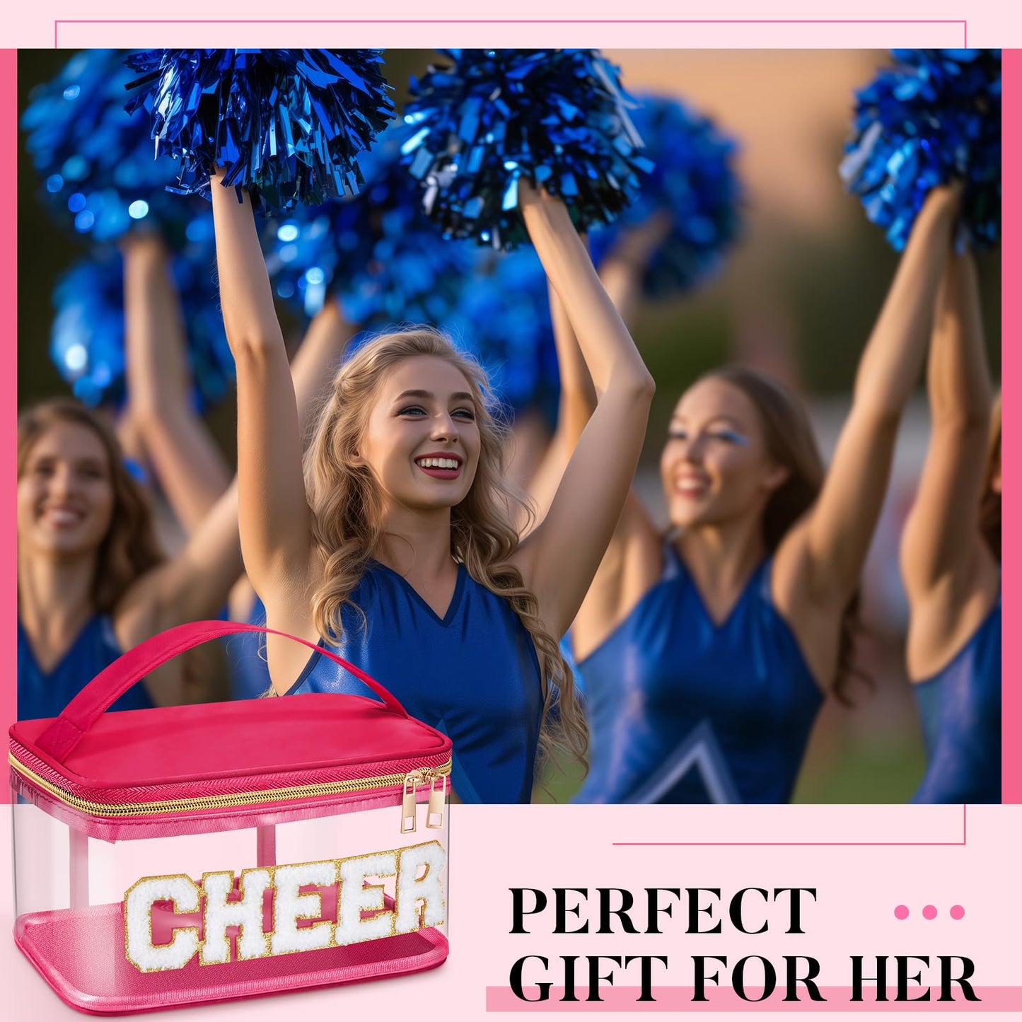Geetery Chenille Letter Bag, Meds Cheer Travel Cases Cheerleader Gifts Cosmetic Bag Nylon Makeup Portable Preppy Patch with Zipper Toiletry Storage Case for Women(Hot Pink,Cheer)