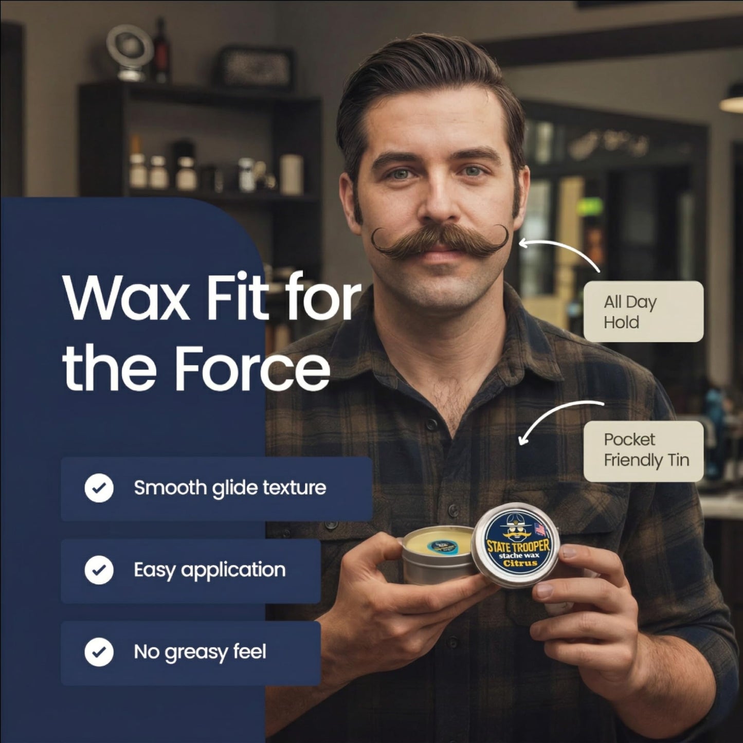 State Trooper Mustache Wax for Men – Medium Hold with Beeswax, Coconut Oil & Lanolin – Natural Moustache Grooming & Styling Wax with Citrus Scent - Nourishing Conditioner & Sculpting