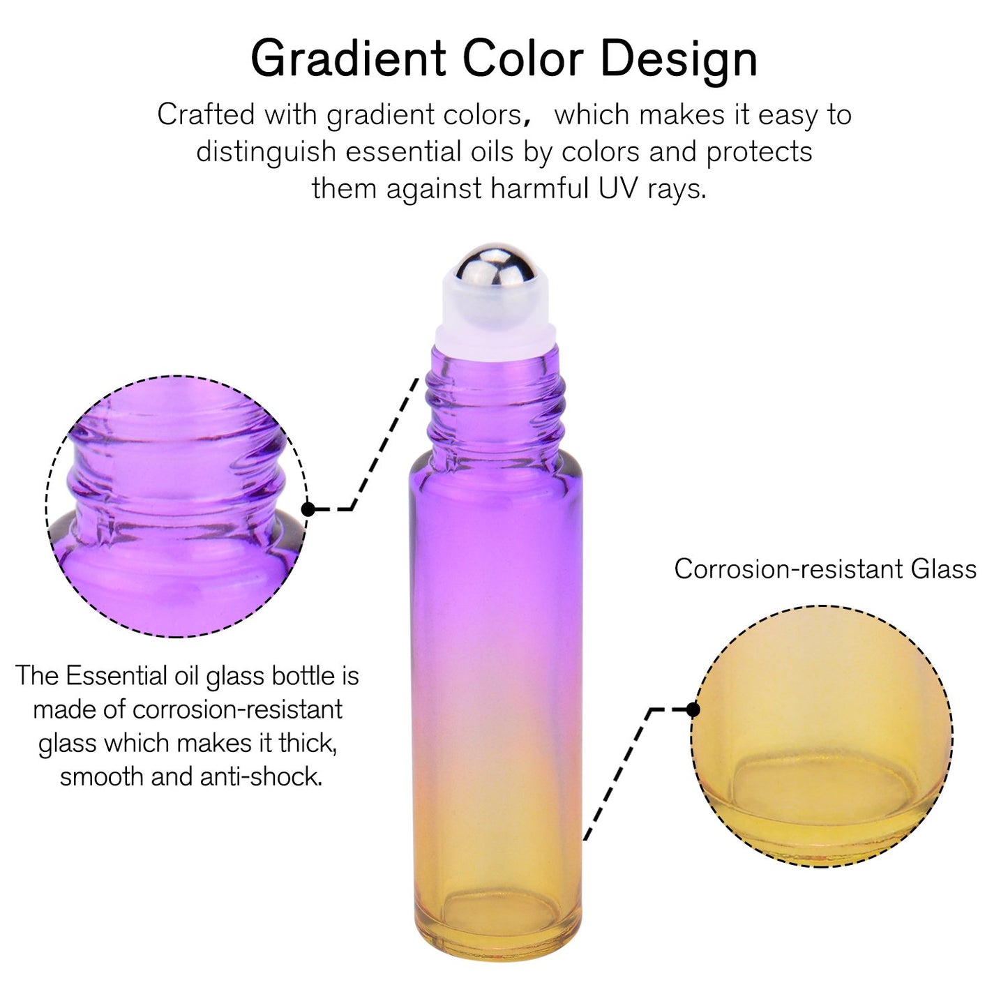 Essential Oil Roller Bottles - 12 Pack 10ml Refillable Thick Rainbow Glass | Leak-Proof, Stainless Steel Ball