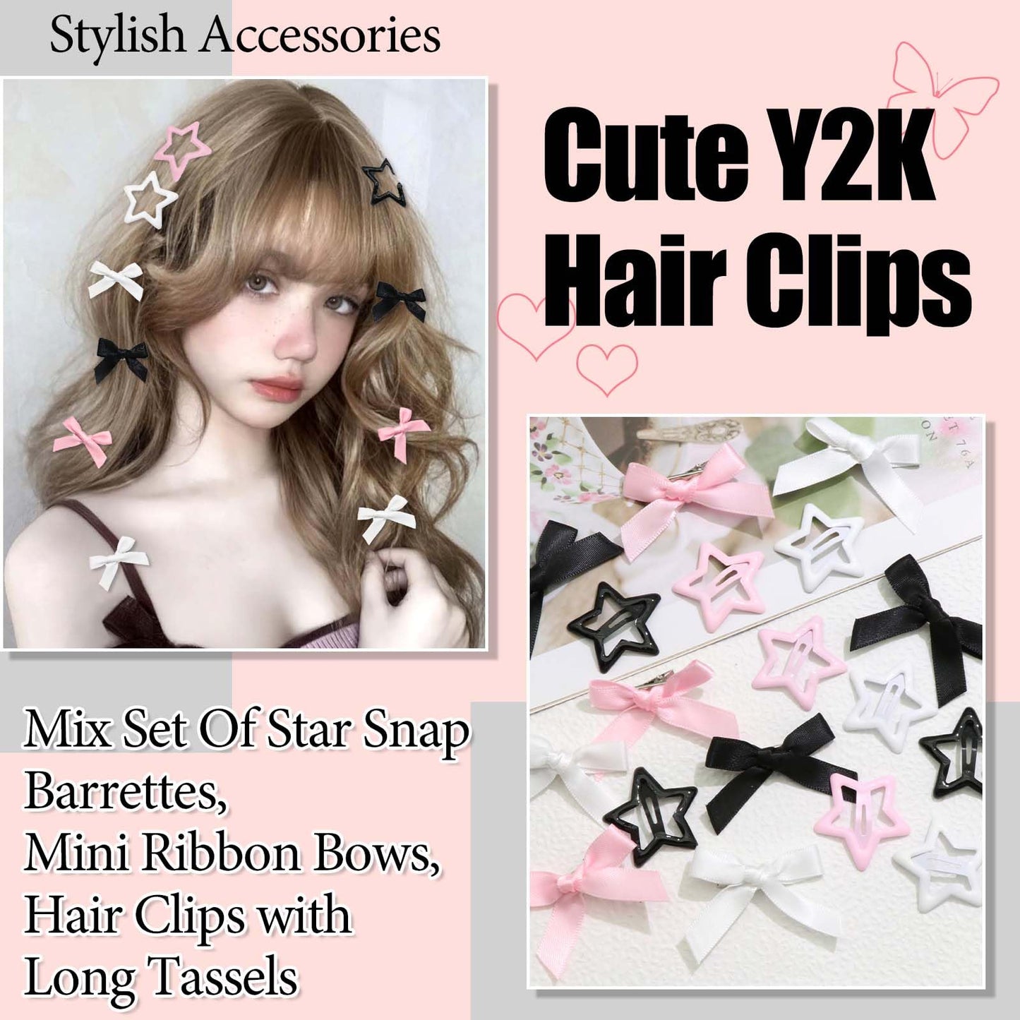 STGDAK 24Pcs Star Hair Clips Pink Bows for Hair Mini Bow Clip White Ribbon Bows Long Tail Cute Star Clip Coquette Y2k Valentines Day Accessories Kawaii Bow Ribbons For Women Girls Valentines Gift