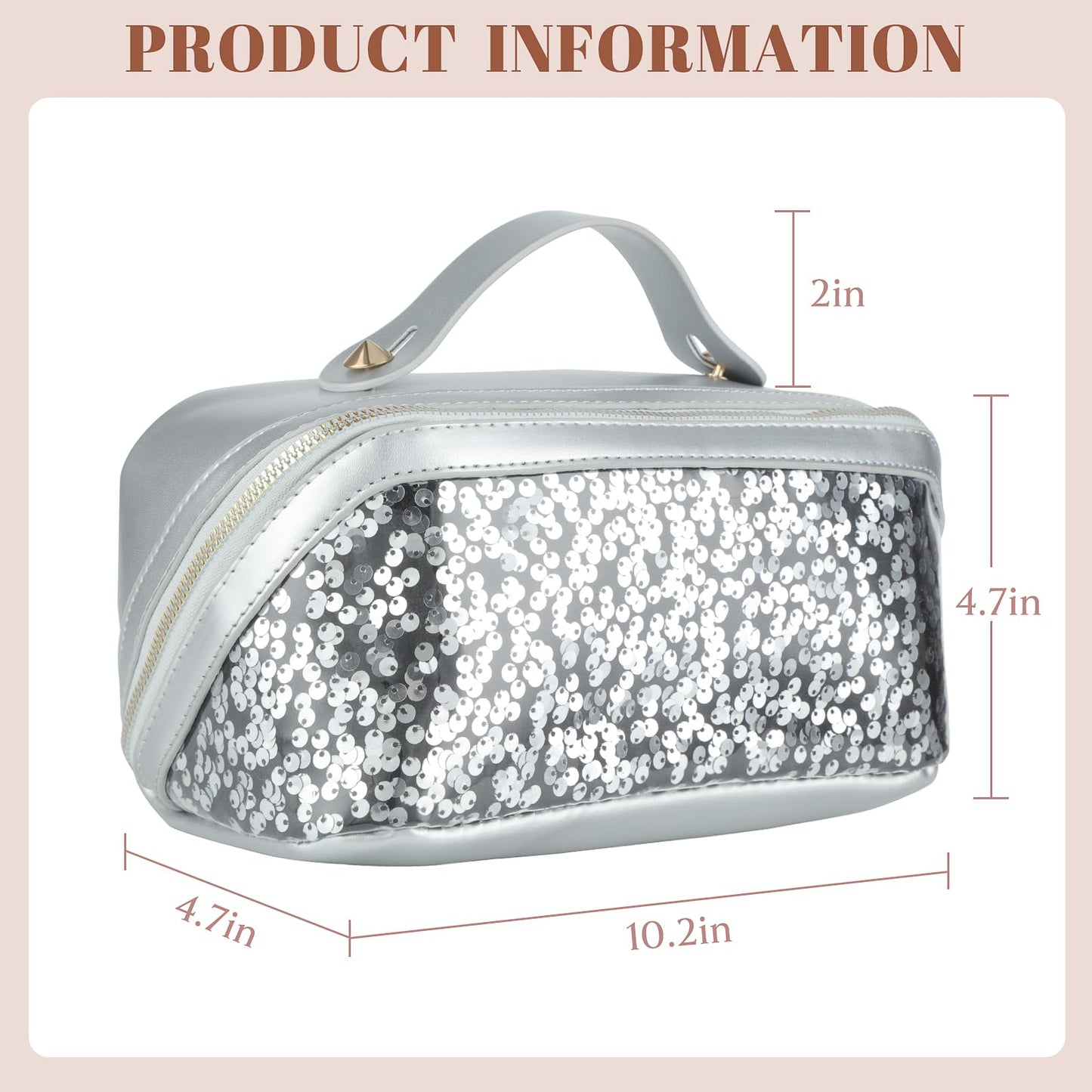 Travel Makeup Bag,Makeup Organizer Bag,Toiletry Bag,Large Capacity with Glitter Sequin Cosmetic Bag,Open Flat Toiletry Bag Make up Organizer with Divider and Handle (Silver)