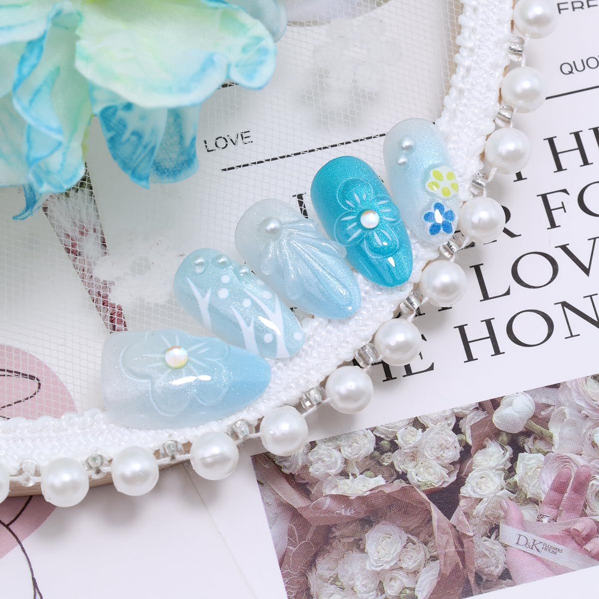 Handmade Press-On Nails - Short Almond Shape 3D Flower & Pearl Design | Blue White Gradient Glitter Acrylic for Summer Weddings